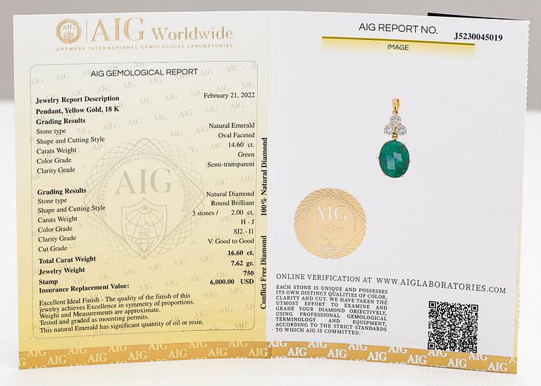 An 18K gold pendant with an emerald and diamonds ca. 2.00 ct in total. AIG certificate.