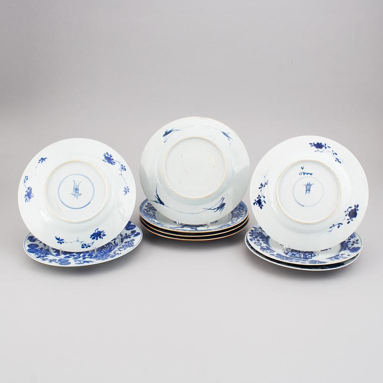 A set of nine blue and white plates, Qing dynasty, 18th Century, and three of them 19th Century.
