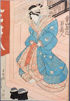 UTAGAWA KUNISADA, även kallad Toyokuni III (1786-1864) färgträsnitt, två stycken. Japan. "Skåderspelerskor", 1800-tal.