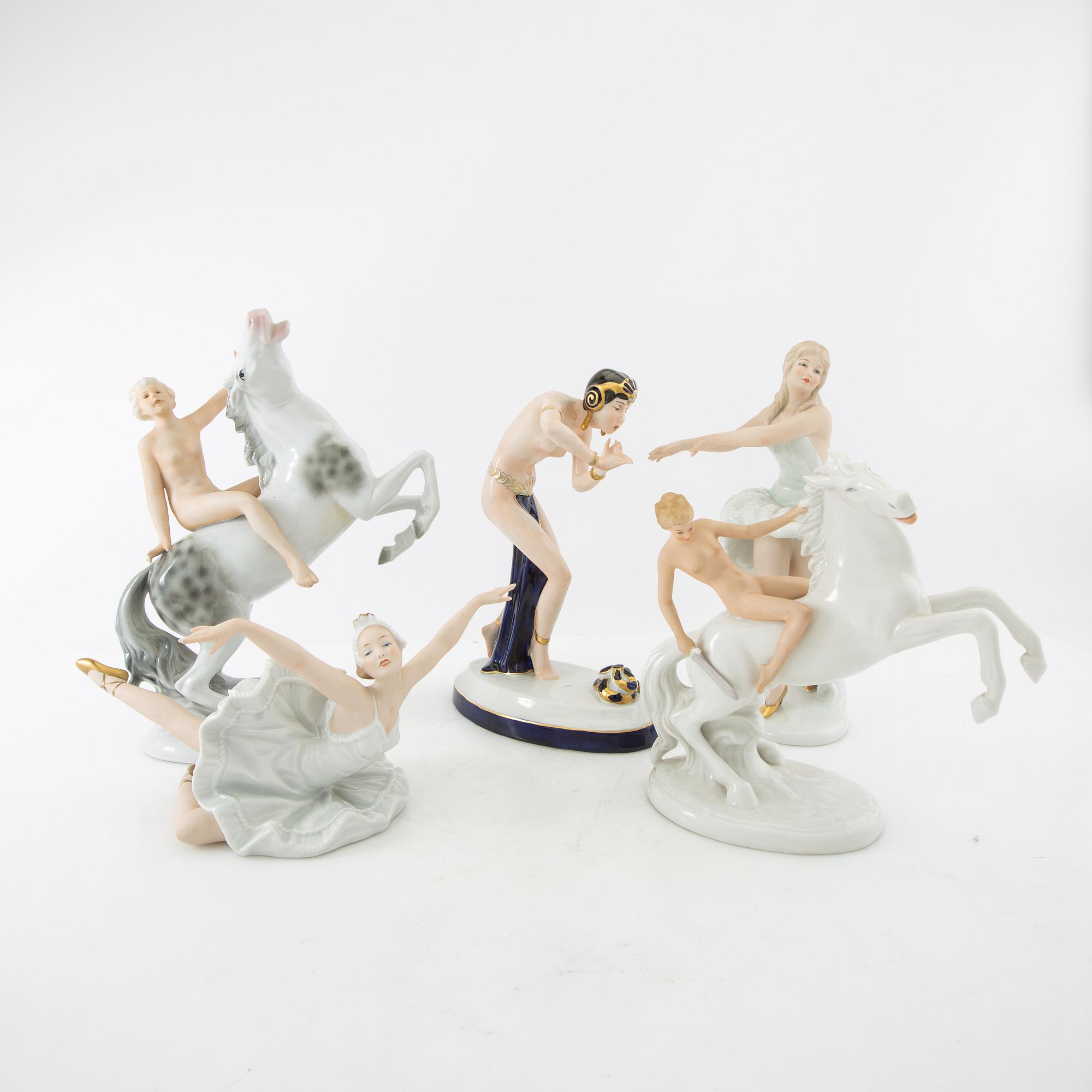 Figurines 5 pcs Royal Dux and Wallendorf, Germany mid-20th century porcelain.