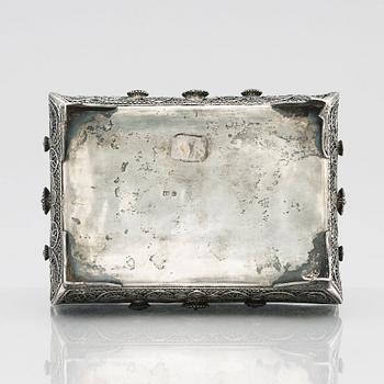 A 19th Century silver filigree box, unidentified makers mark R.K, Assay master mark of Ivan Lebedkin, Moscow 1898-1908.