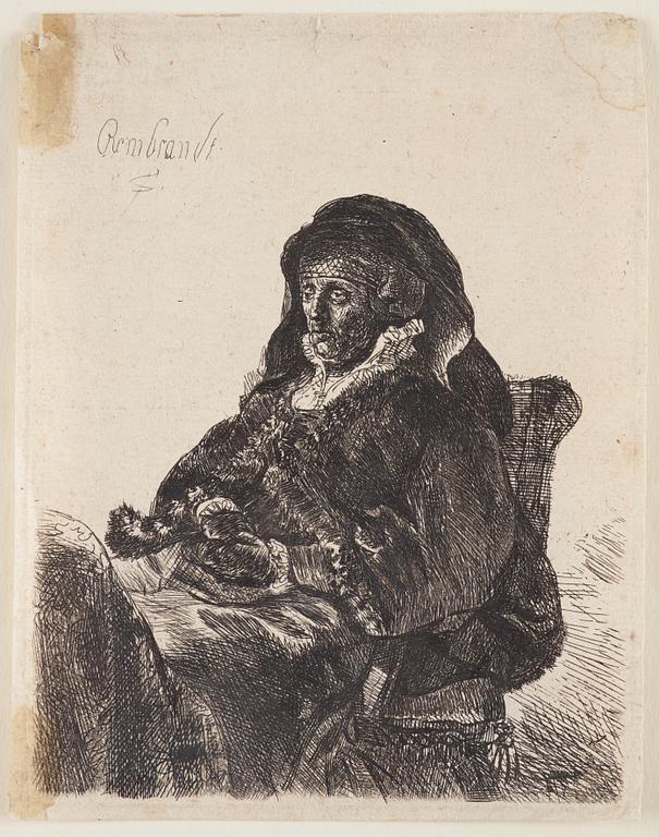 Rembrandt Harmensz van Rijn, after, "Rembrandt's Mother in Widow's Dress, Black Gloves", probably 18th century.