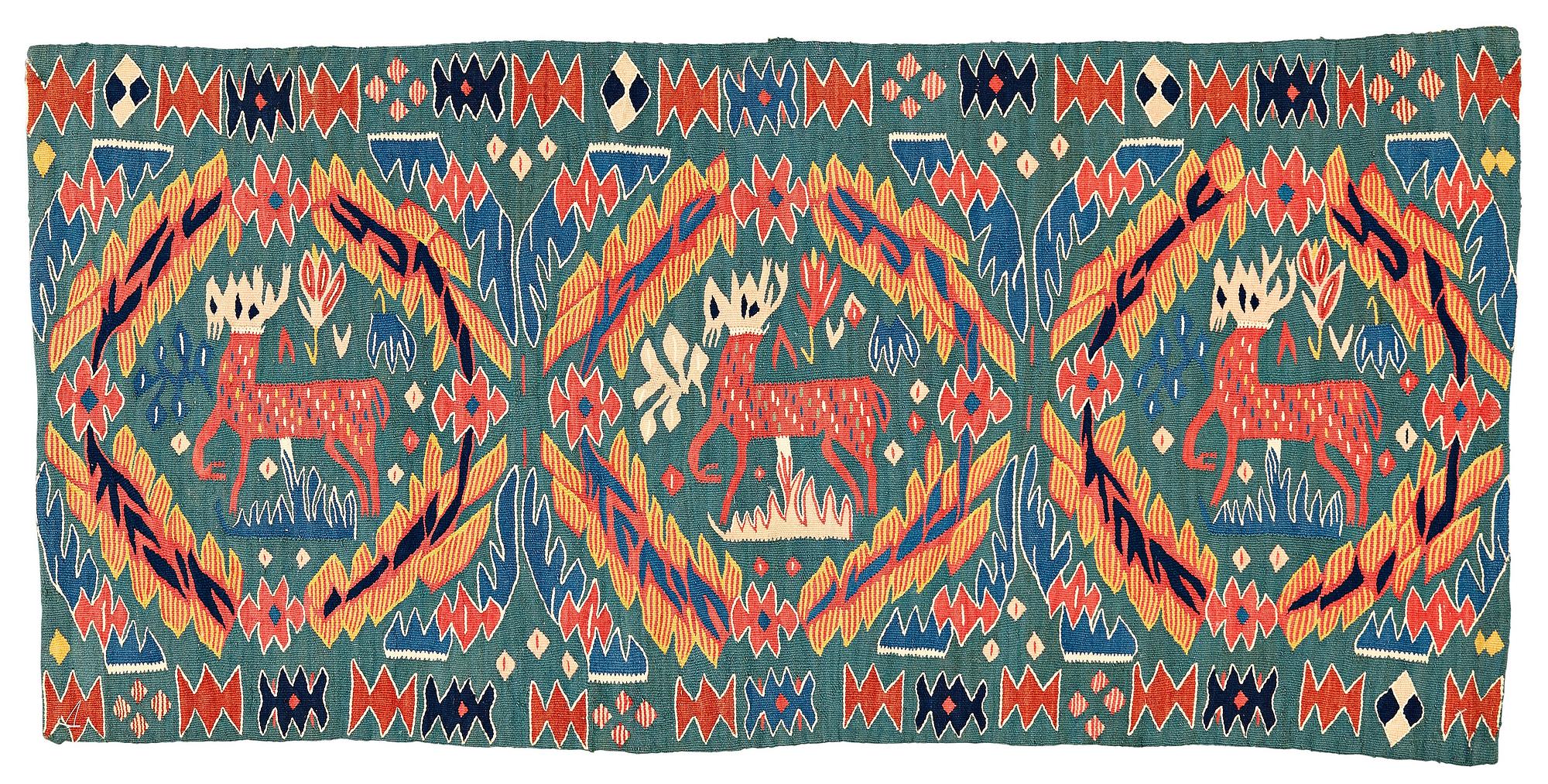 A CARRIAGE CUSHION, tapestry weave, "Kungahjorten", ca 50 x 104,5 cm, Scania (Sweden),