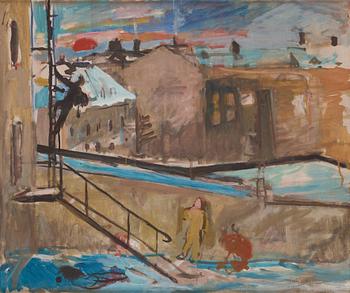 596. Eric Hallström, Cityscape with Chimney Sweeper.