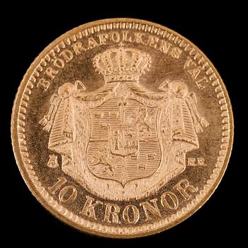 GULDMYNT, 10 kronor, Oscar II, 1894.  Vikt ca 5 gram.