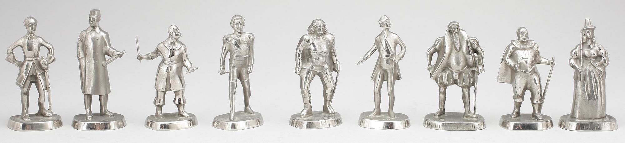 SKULPTURER, 9 st, vitmetall, Svensk regentlängd, efter Allan Ebeling, 1900-tal.