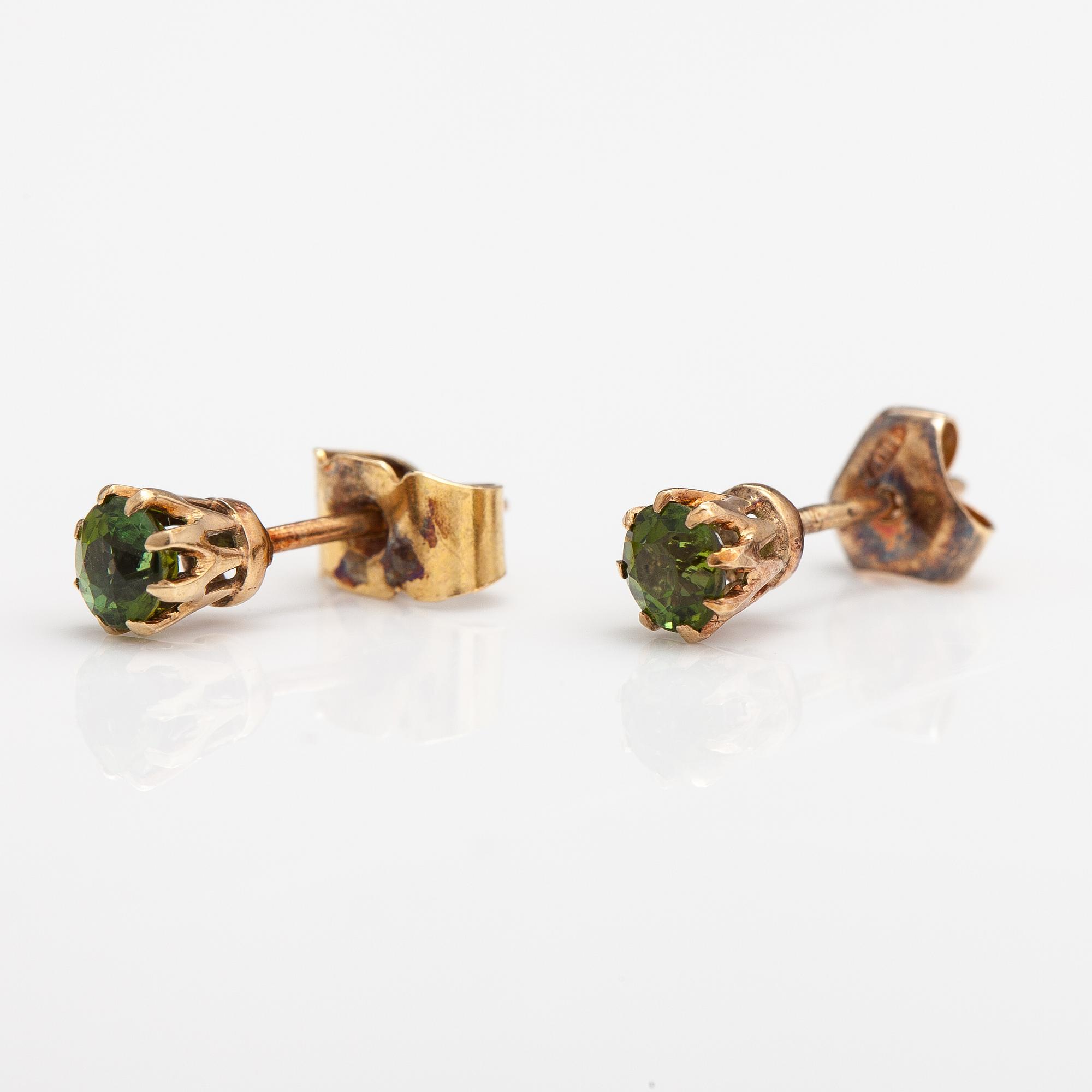 A pair of 14K gold earrings with tourmalines.