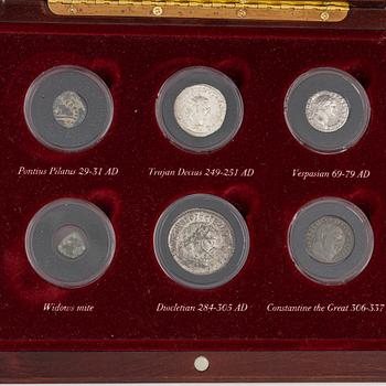 'Coins from early christianity', a set of six antique coins in case.