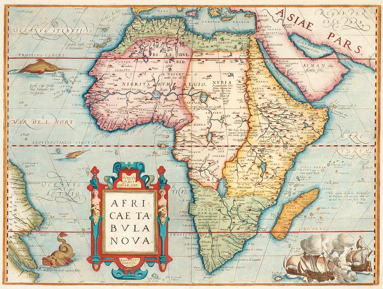 Abraham Ortelius, From; "Theatrum Orbis Terrarum" (6). Worldmap, Europe, Asia, Africa, America and portrait. 1579.