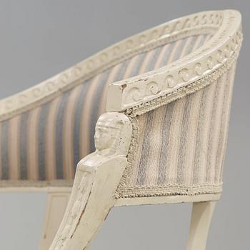 A pair of late Gustavian armchairs in the manner of Ephraim Ståhl, master in Stockholm 1794-1820.