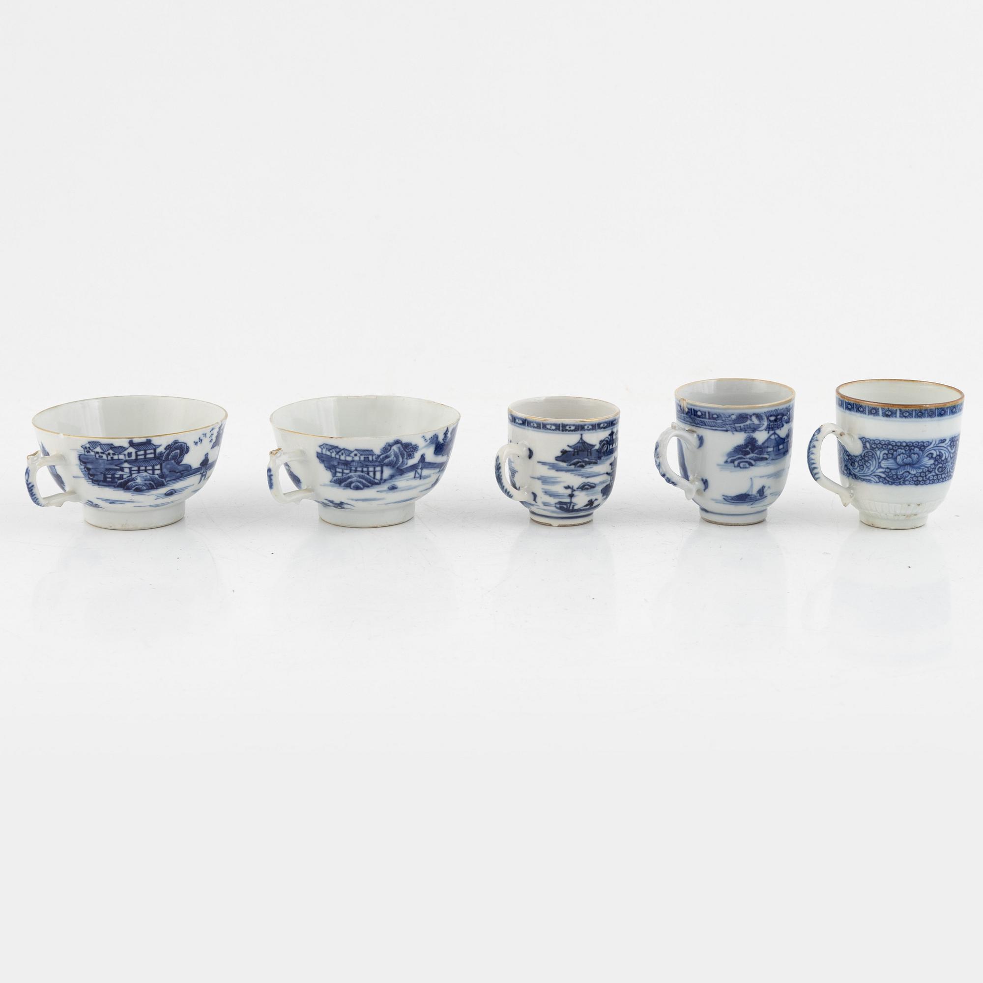 A group of thirteen cups, a bowl and a cup holder, four saucers, partly China and 18th century,
