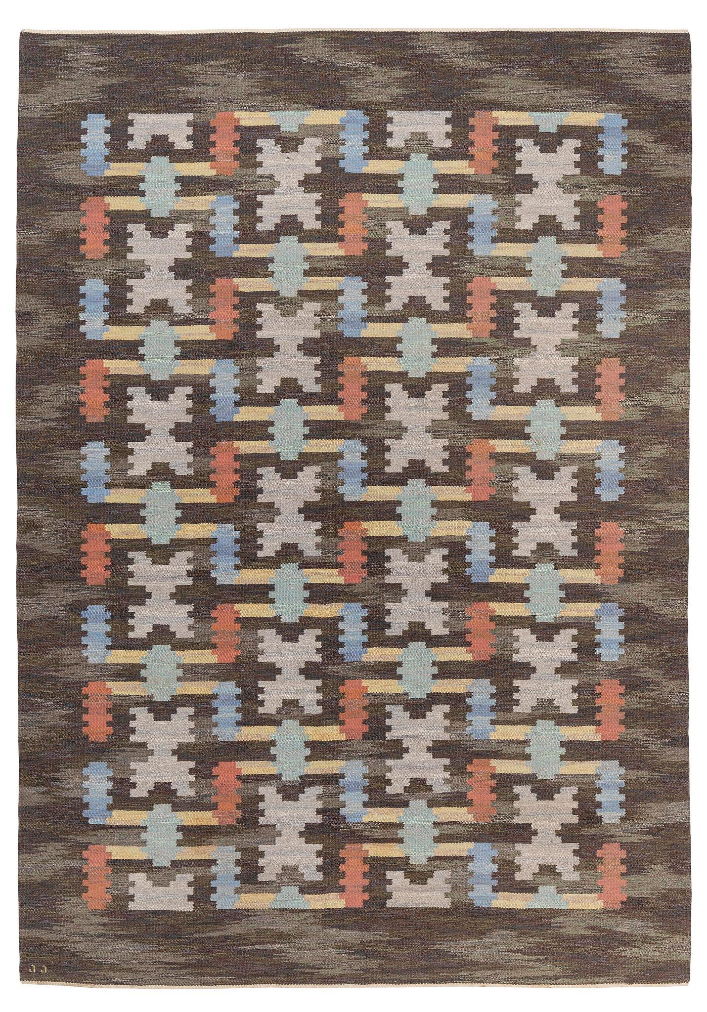 Judith Johansson, a flat weave 'Hittarp', c. 336 x 250 cm, signed JJ.