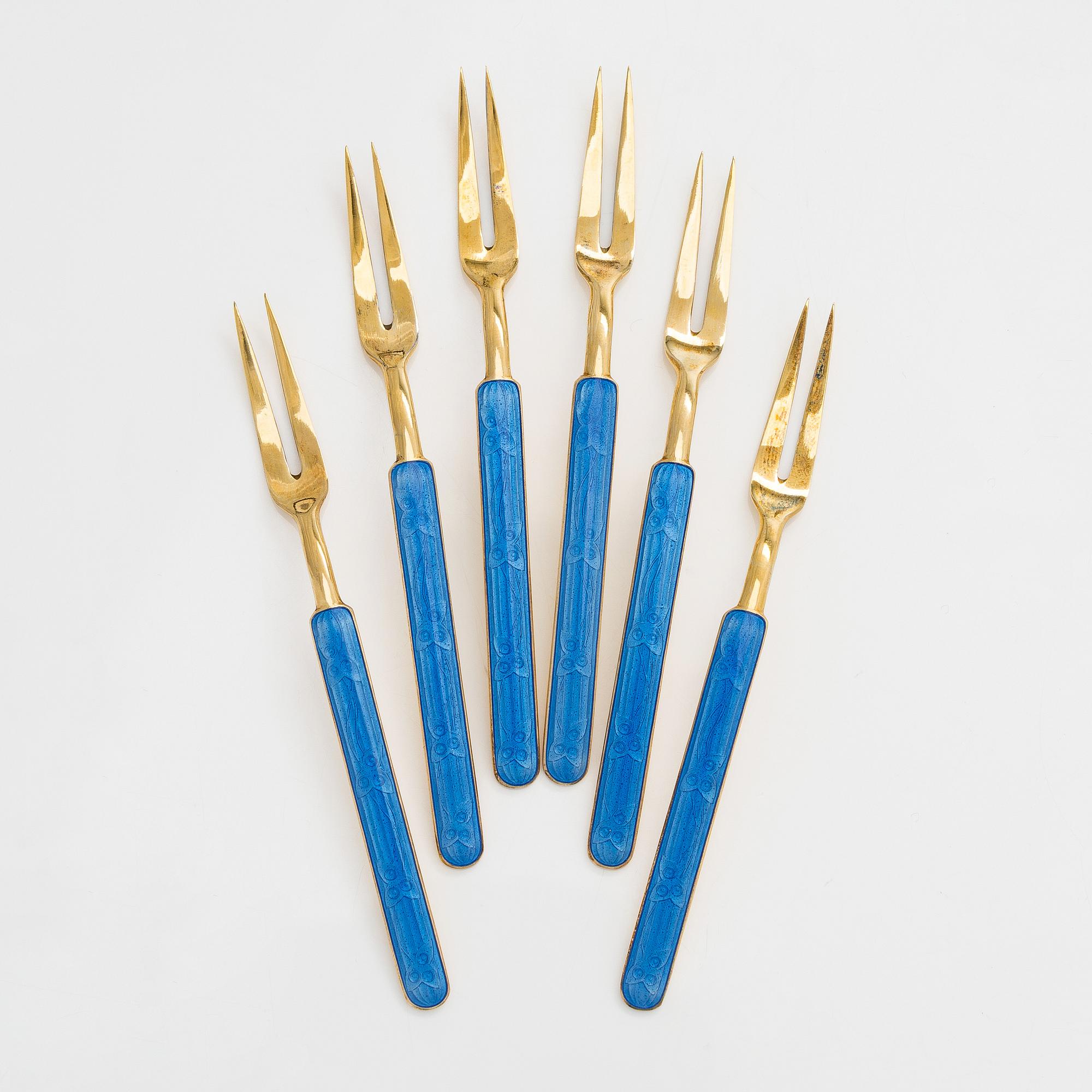 Tillander, six cocktail/serving forks, enamel and gilded silver (916), Helsinki, 1950.