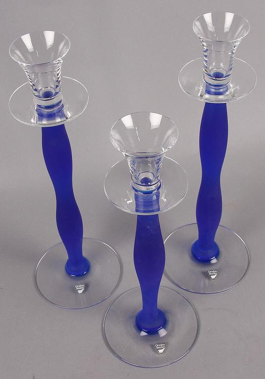 LJUSSTAKAR, 3 st, glas, "Celeste", Anne Nilsson, Orrefors.