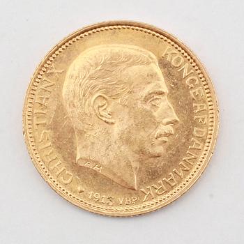 GULDMYNT, 20 kroner, Christian X, Danmark, 1913. Vikt ca 9 gram.