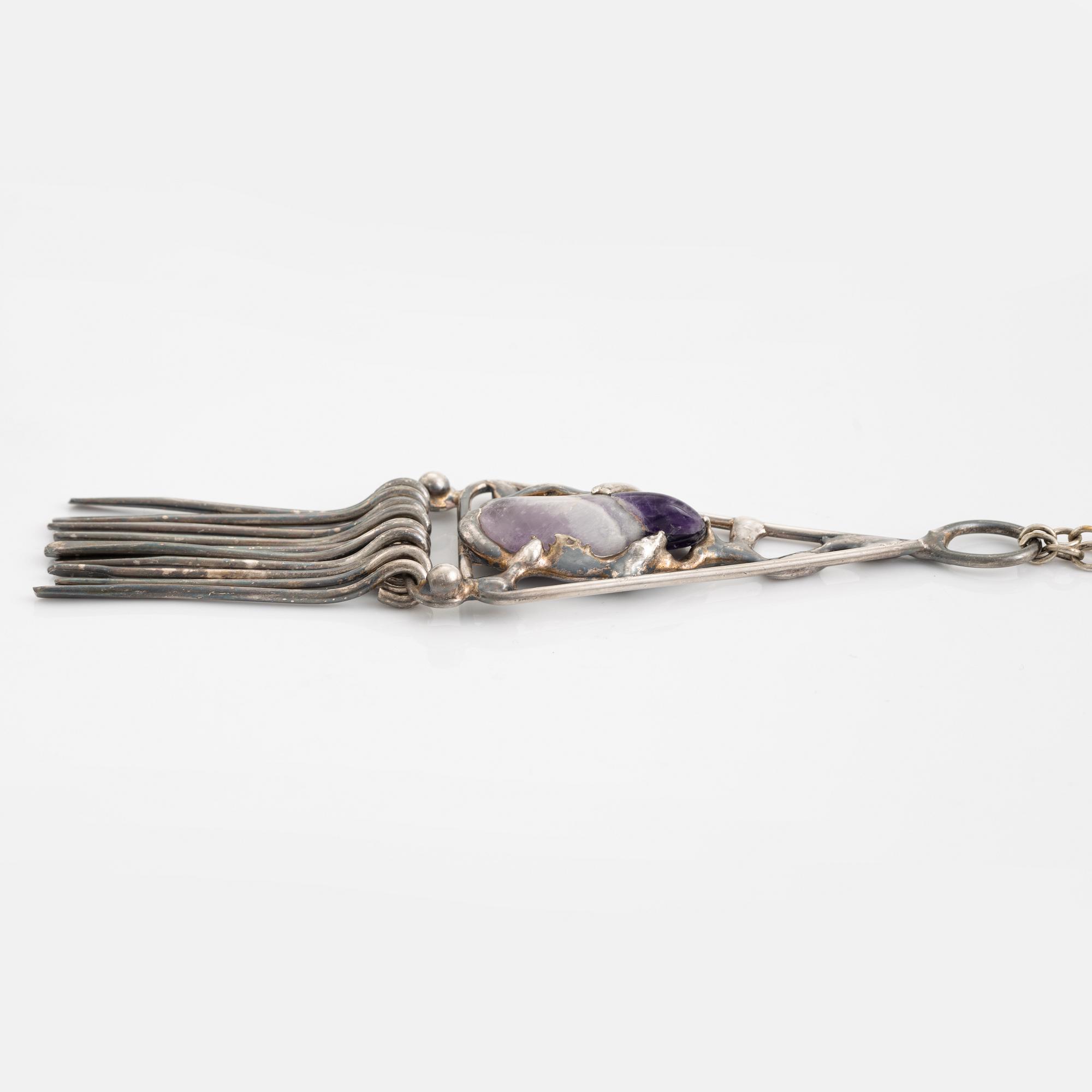 Pendant, pewter, Dansk Smyckekonst and bracelet, sterling silver, Owe Johansson.