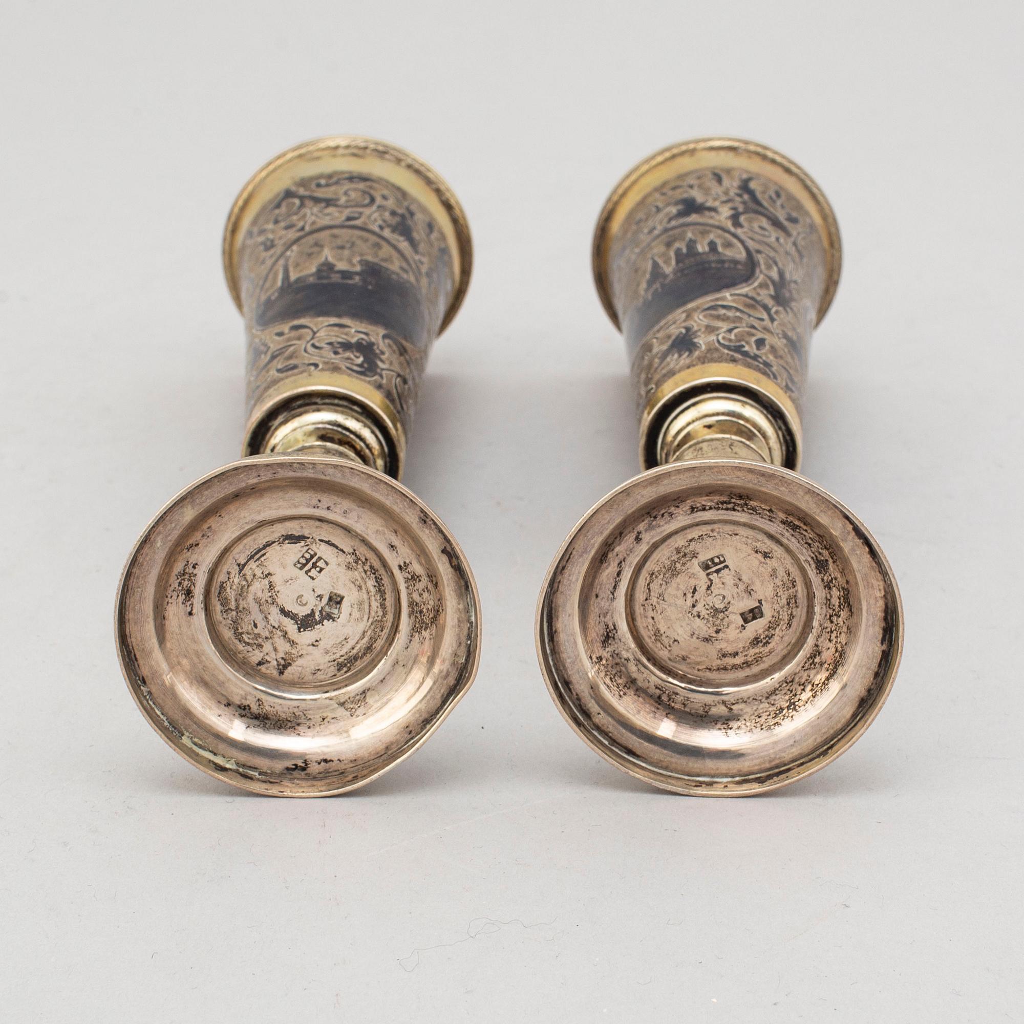 Two similar silver-gilt champagne flutes, unidentified makers mark, Moscow 1843.