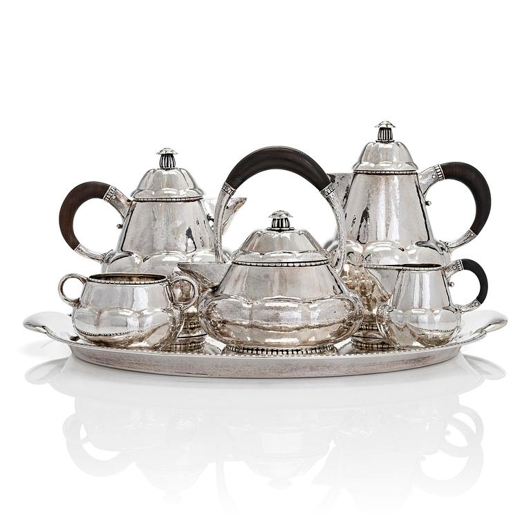 Albert Feinauer, a six-piece silver coffee and tea service with tray, Weimar-Schmuck, Germany 1921-1925.