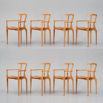 Oscar Tusquets Blanca, a set of 8 oak chairs, "The Gaulino Chair", Carlos Jane, Spain, first edition ca 1987-1988.