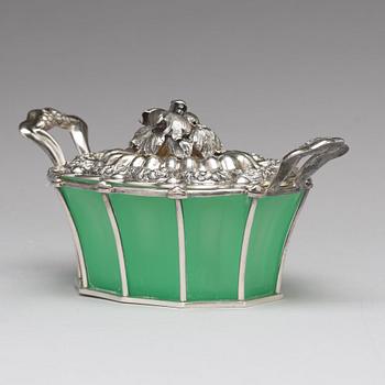 An Austrian mid 19th century silver and green glass bowl and cover on dish, un identified makers mark, Vienna 1845.