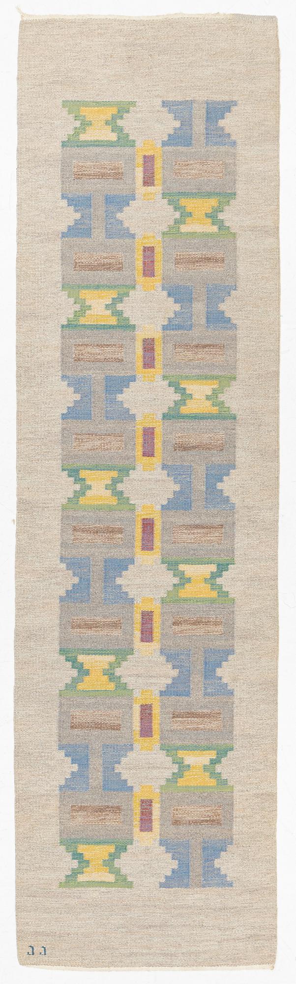 Judith Johansson, a runner , 'Soldis', flat weave, c. 325 cm by 90 cm, signed JJ.