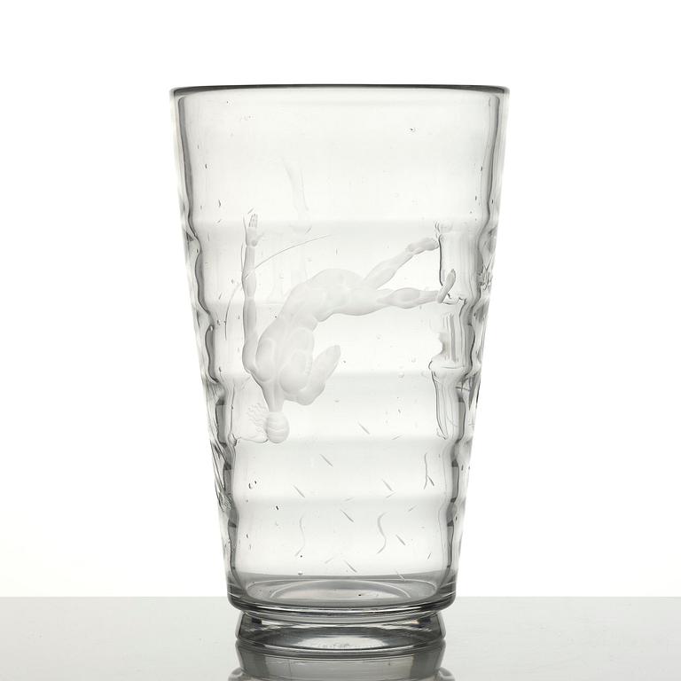 Vicke Lindstrand, a "Pärlfiskare" (Pearl Fisher) engraved glass vase, model 1115, Orrefors, Sweden, 1936.