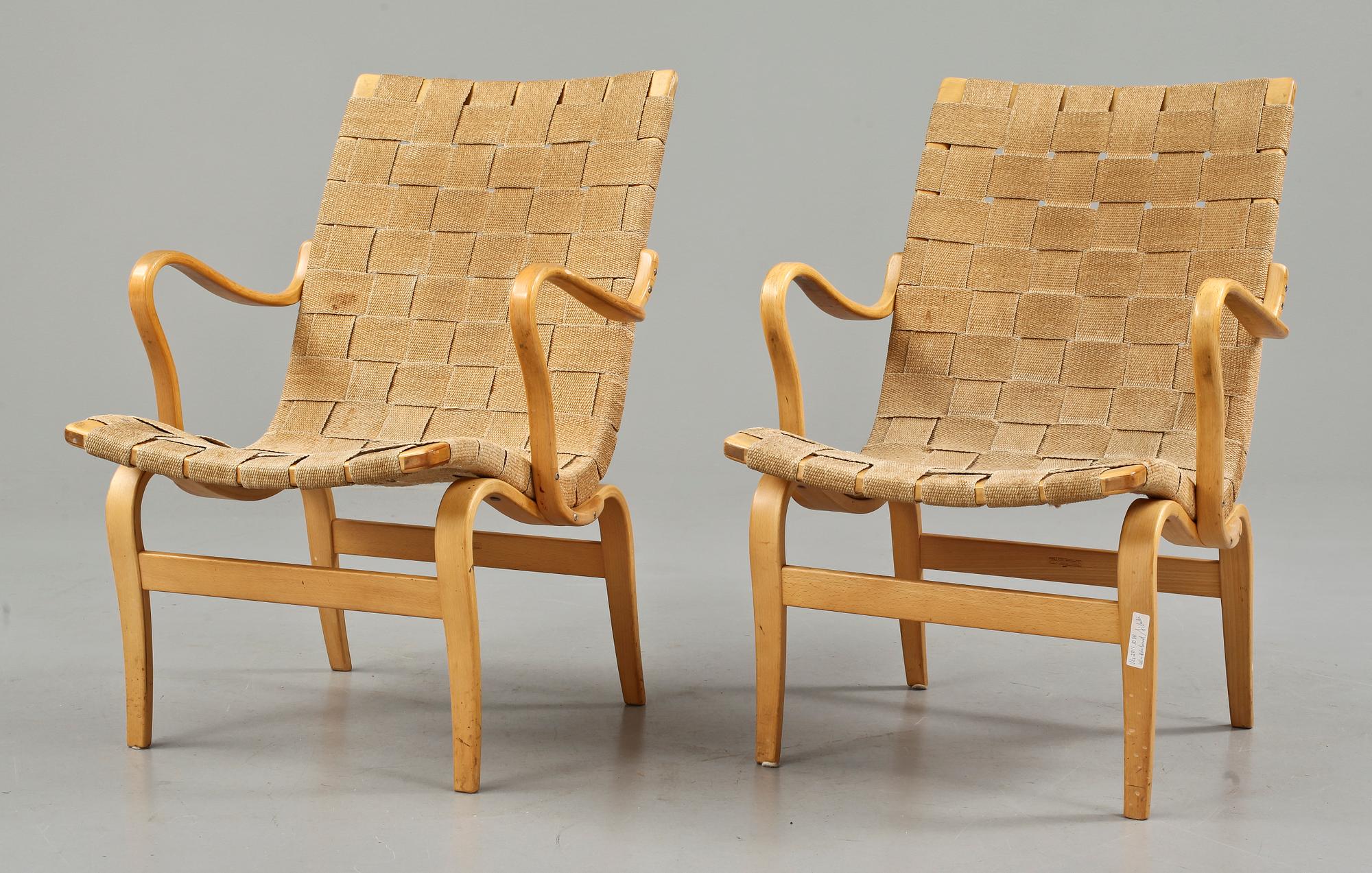 KARMSTOLAR, ett par, "Eva", Bruno Mathsson för firma Karl Mathsson, Värnamo, 1900-talets andra hälft.