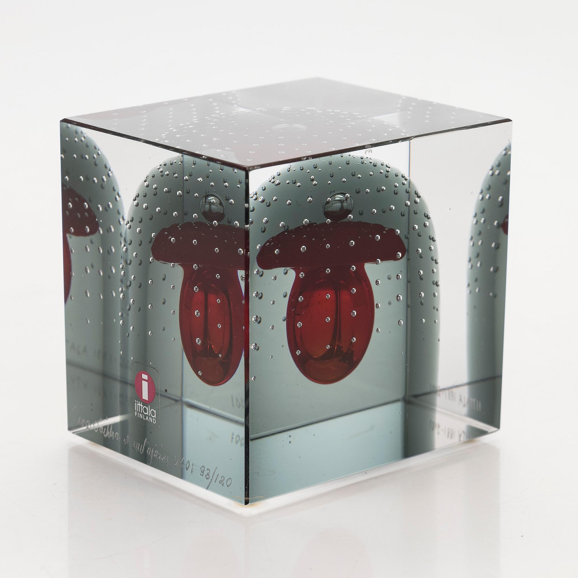 Oiva Toikka, a jubilee glass cube 2001, signed Oiva Toikka Nuutajärvi 2001 93/120 Iittala 1881-2001.