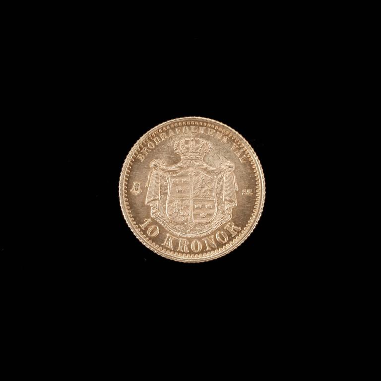 GULDMYNT, 10 kronor, Oscar II, 1874. Vikt ca 4,5 gram.