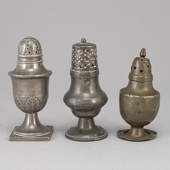 Three 18th century pewter shakers.