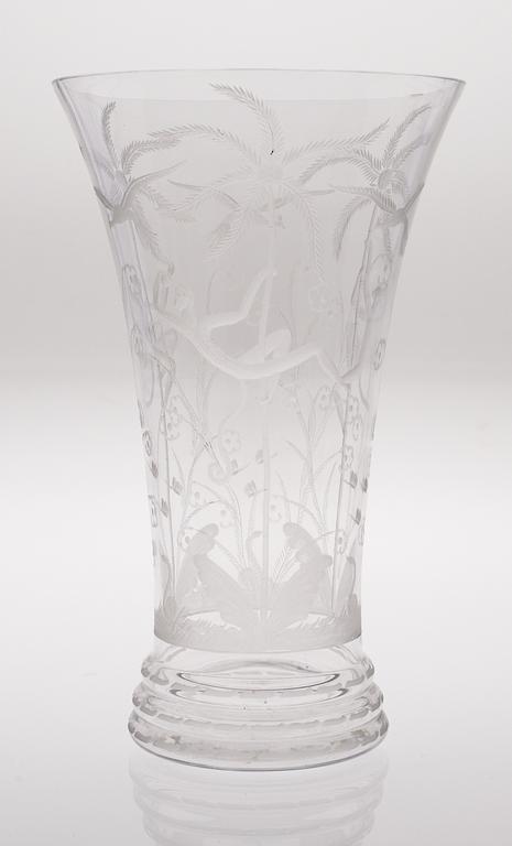 An Edward Hald engraved glass vase, Orrefors 1925.