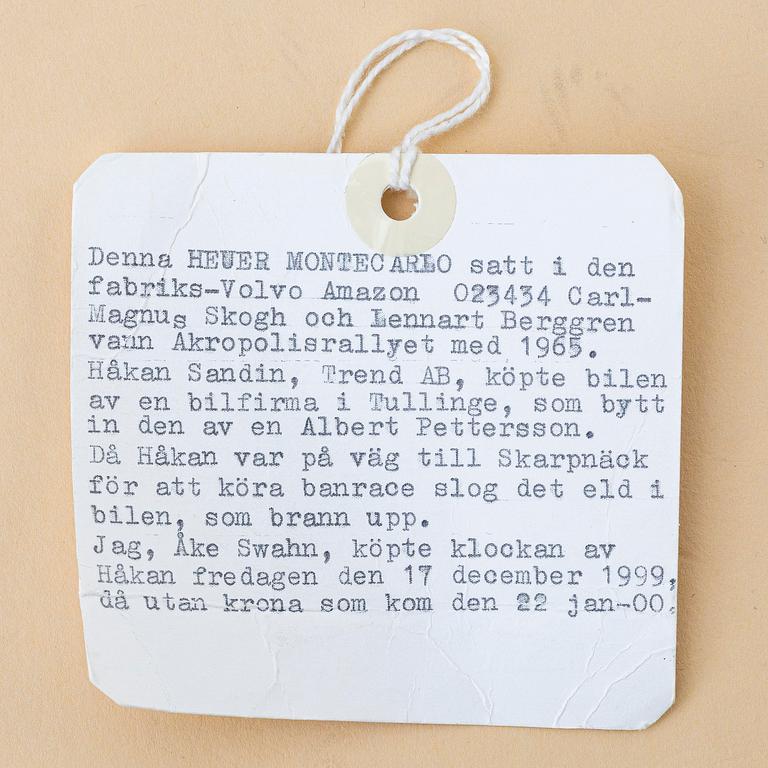 Heuer, Monte-Carlo, "Winner of the Acropolis Rally 1965 Carl Magnus Skogh and Lennart Berggren", ca 1965.