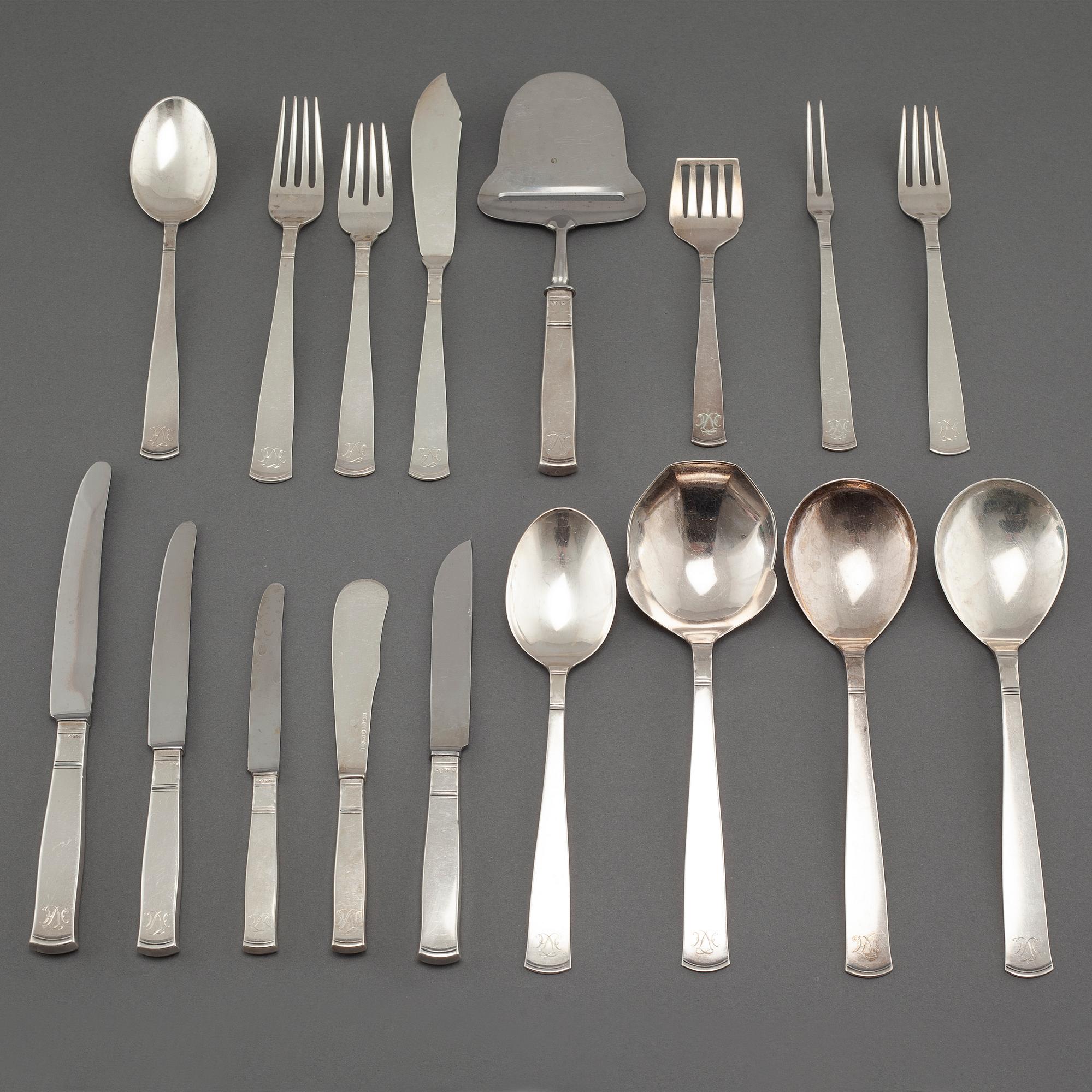 117 pieces of silver tableware by Jacob Ängman for GAB, Stockholm, model "Rosenholm", around the mid 20th century.