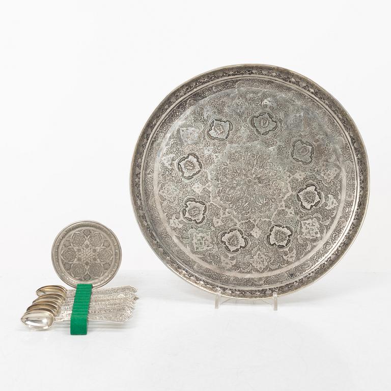 A Persian silver tray, 12 small spoons and six coasters, first part of the 1900s.