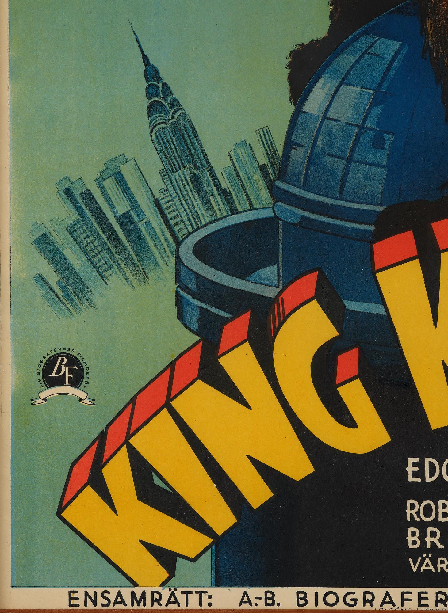 MOVIE POSTER, "King Kong", J Olséns Litografiska Anstalt, Stockholm, 1933.