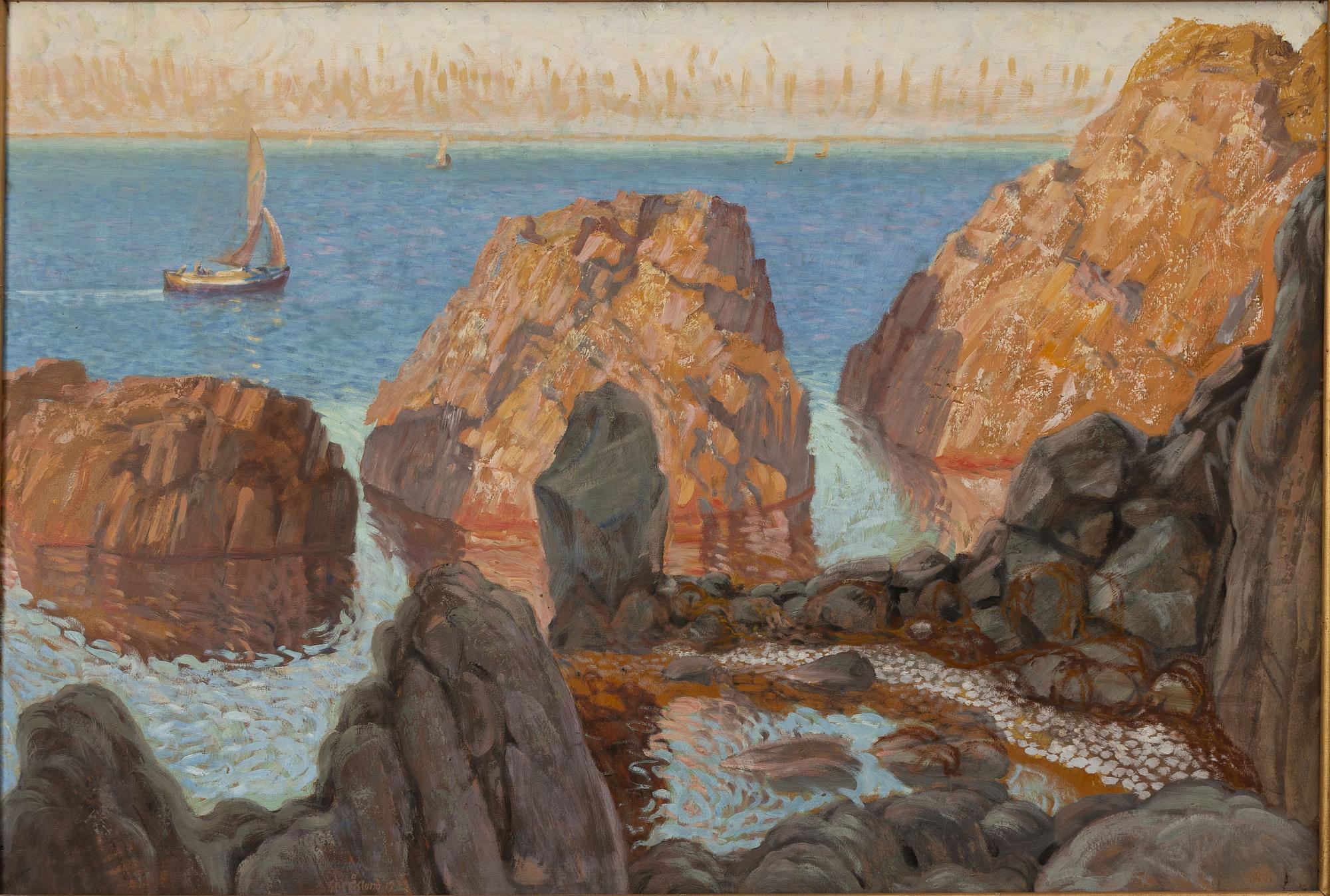 Elis Åslund, Coastal landscape with sailboat, the Mediterranean.