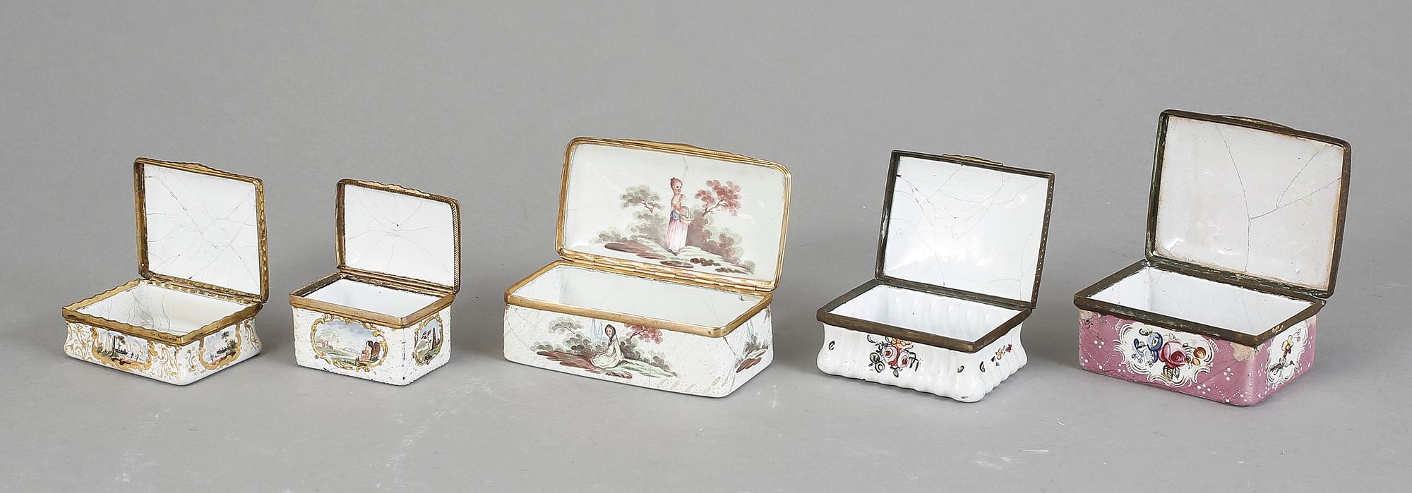 SAMLING DOSOR, 5 stycken, emalj, främst 1700-tal.