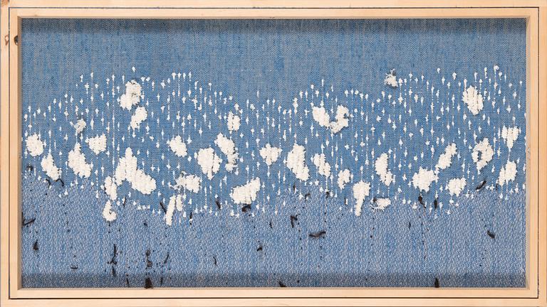 Riitta-Maija Oksanen, bildväv, signerad RMO, för Helmi Vuorelma. Ca 48x85 cm.