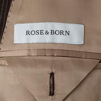 ROSE & BORN, a men's brown grey pinstriped wool suit consisting of jacket and pants.