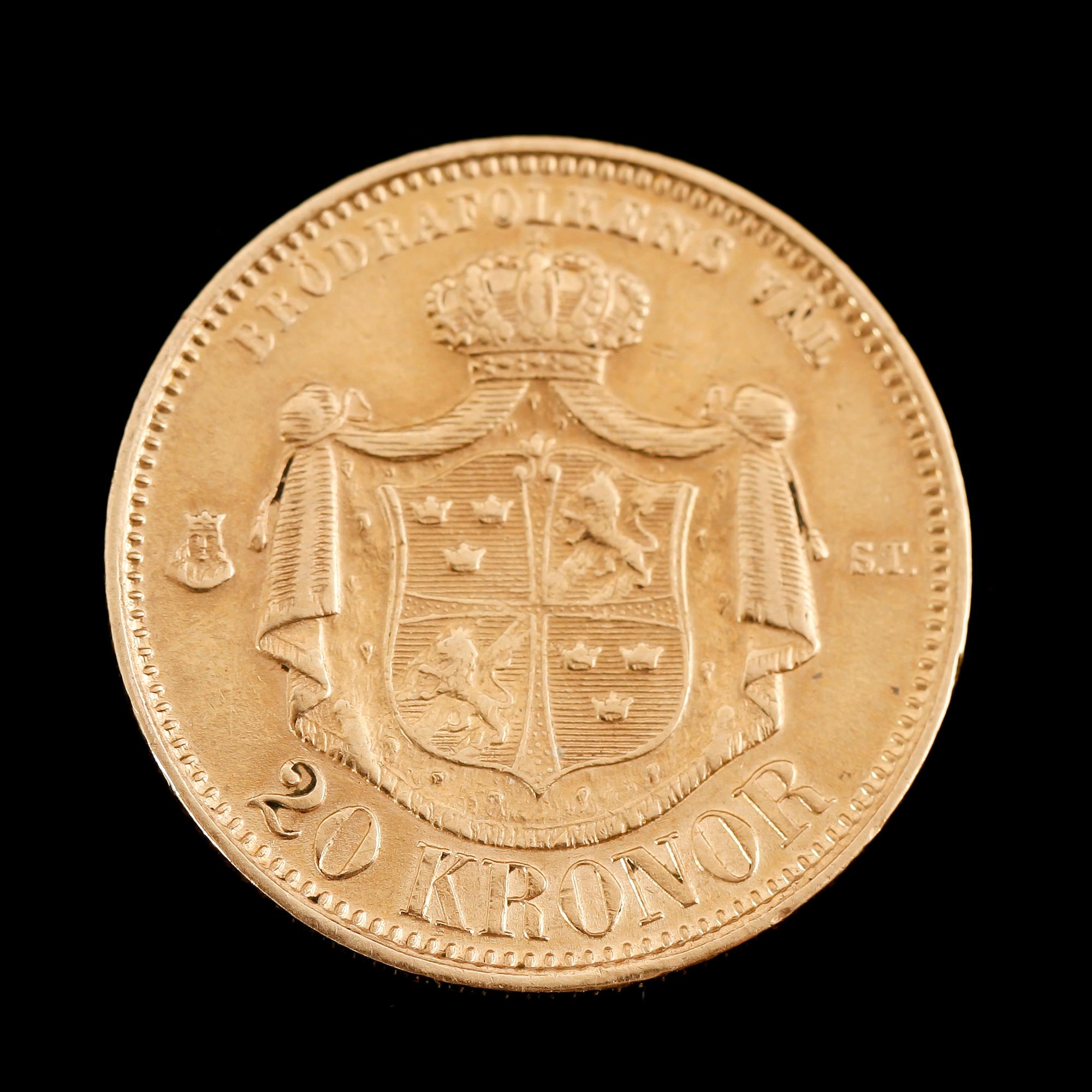 GULDMYNT, 20 kronor, Oscar II, 1875.  Vikt ca 9 gram.