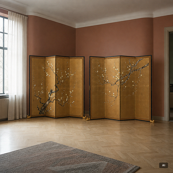 A pair of Japanese folding screens, signed, 20th century.