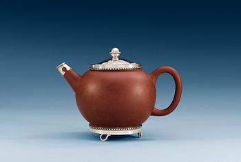 A silver mounted Yixing tea pot with cover, Qing dynasty, 18th Century.