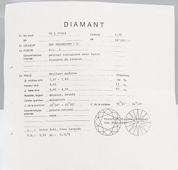 Sormus, 18K valkokultaa ja timantti n. 1.58 ct. Todistuksella.