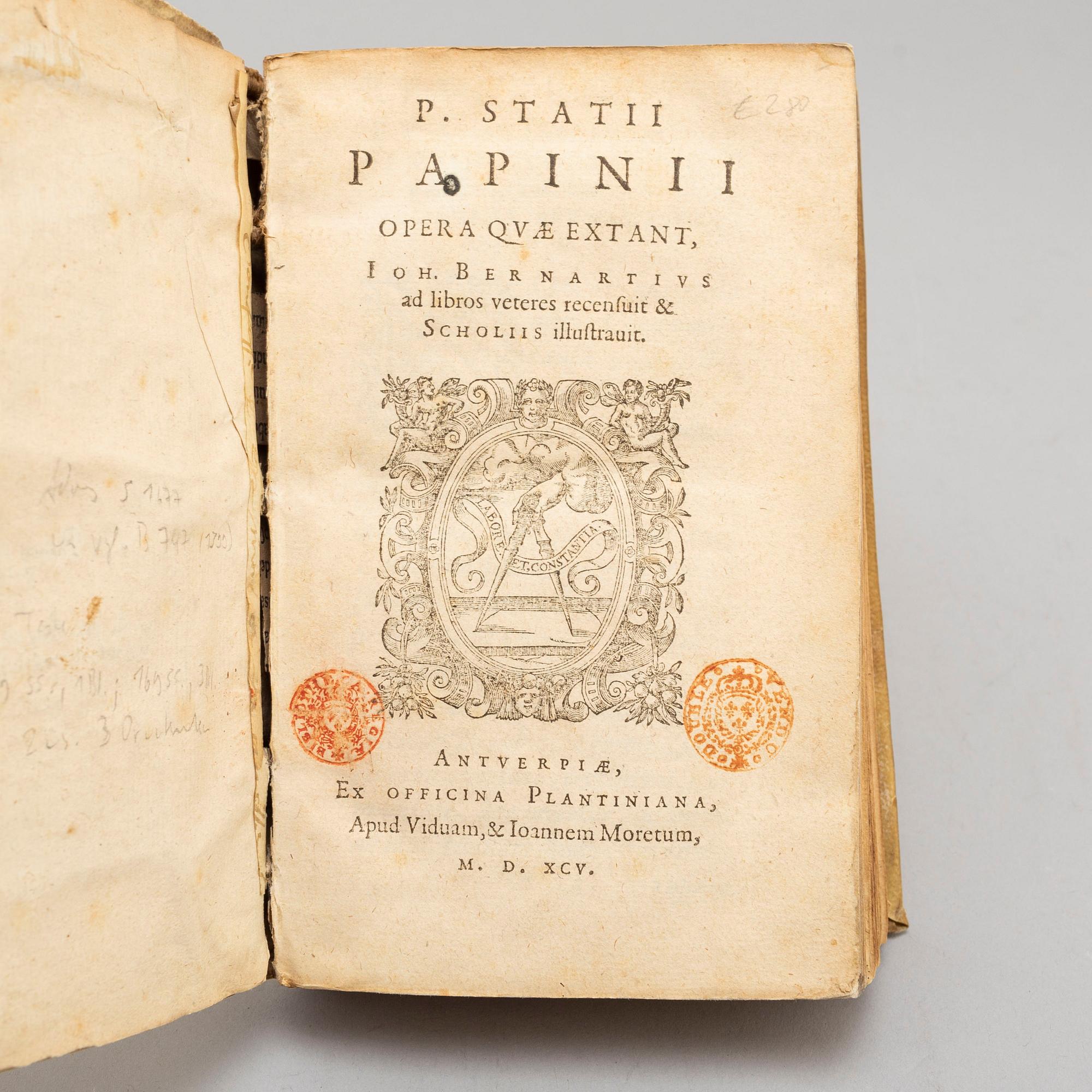 BOOK, The Works of Statius, 1595.