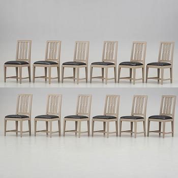 Twelve late Gustavian late 18th century chairs.