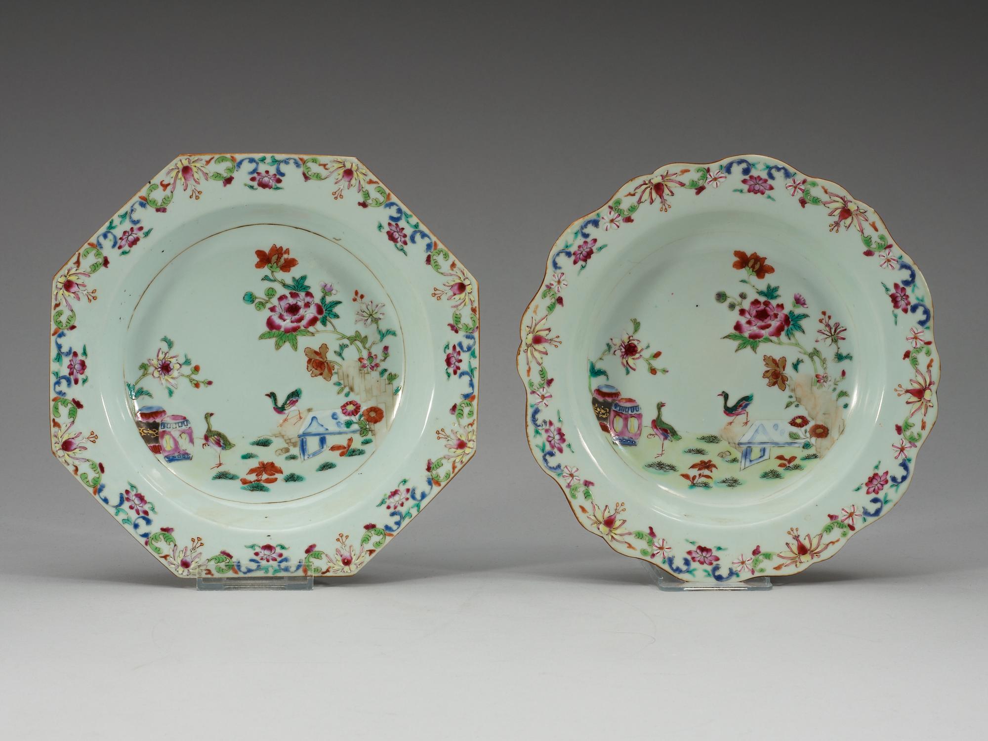 FAT samt TALLRIKAR, fyra stycken, kompaniporslin. Qing dynastin, Qianlong (1736-95).
