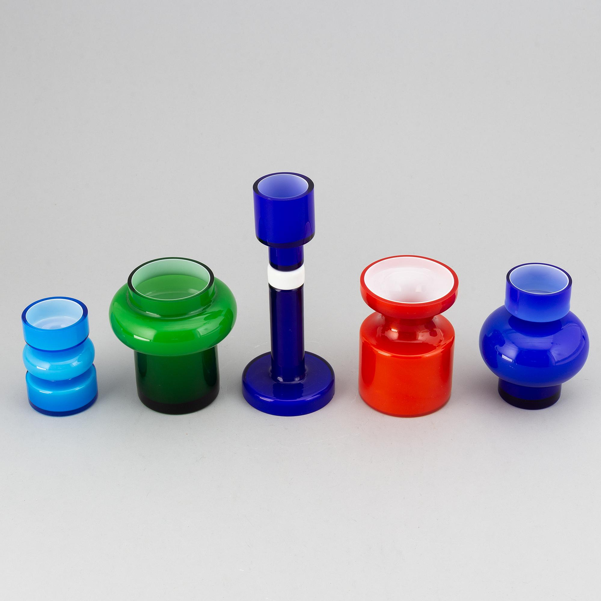 PO Ström, a set of five glass vases by Alsterfors Glassworks, signed 1968-70.