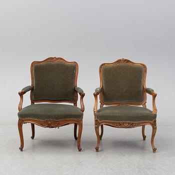 Two armchairs, Louix XV, second half of the 18th century and Louis XV-style, early 20th century.