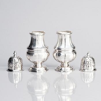 A pair of Swedish silver sugar shakers, mark of Conrad Gadd, Kristianstad 1744 and Johan Bergengren, Kristianstad 1754.