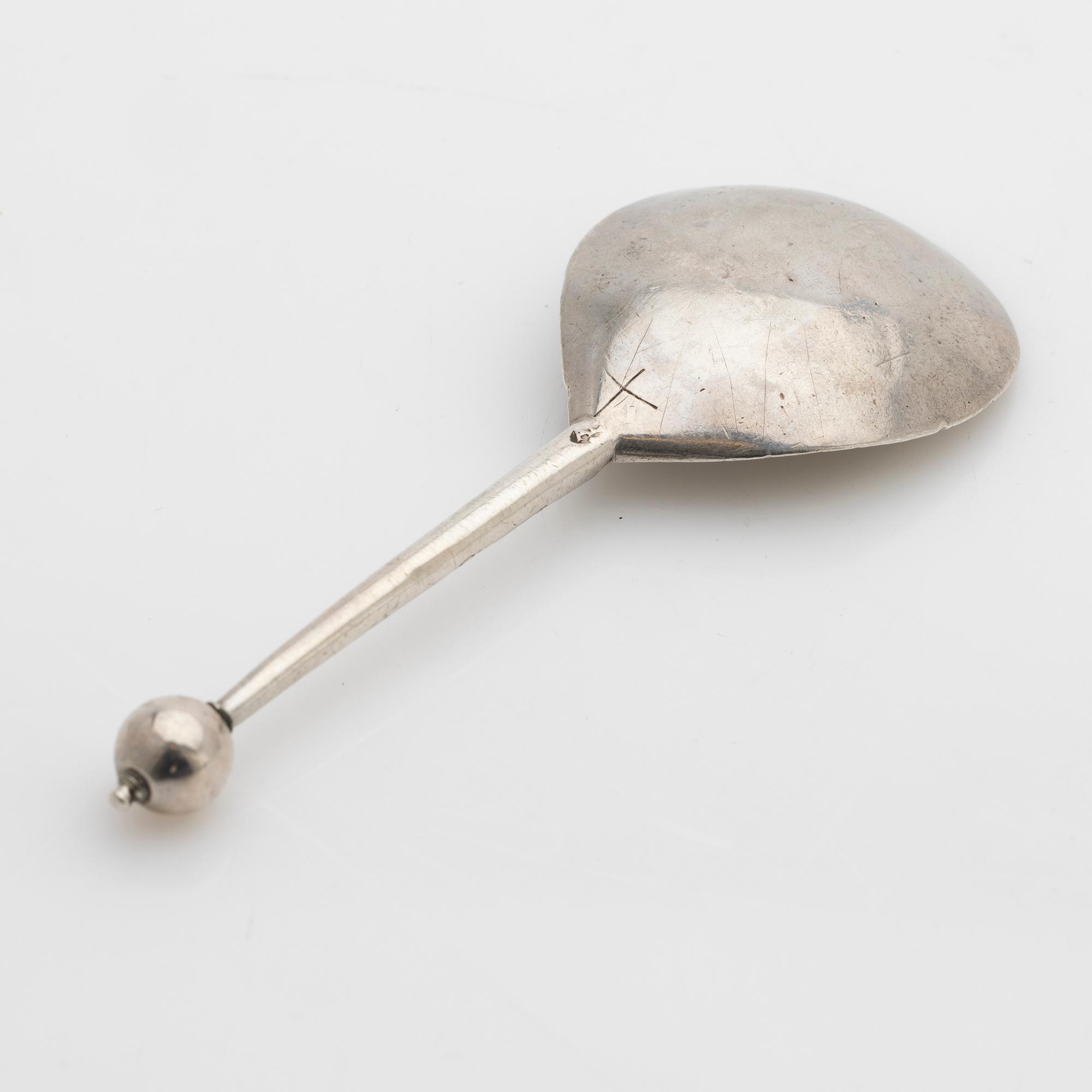 Soup spoon, silver, probably Asmus Liberat (active 1689–1732), Kristianstad.